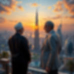 Deux hommes en habits traditionnels et costume discutent sur une terrasse surplombant la skyline de Dubaï au coucher du soleil, avec le Burj Khalifa illuminé en arrière-plan et des gratte-ciel emblématiques à l’horizon.